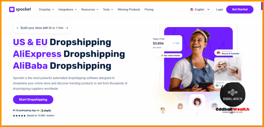 Screen Capture image of Spocket dopshipping platform homepage. Screen captured on 06-05-2025